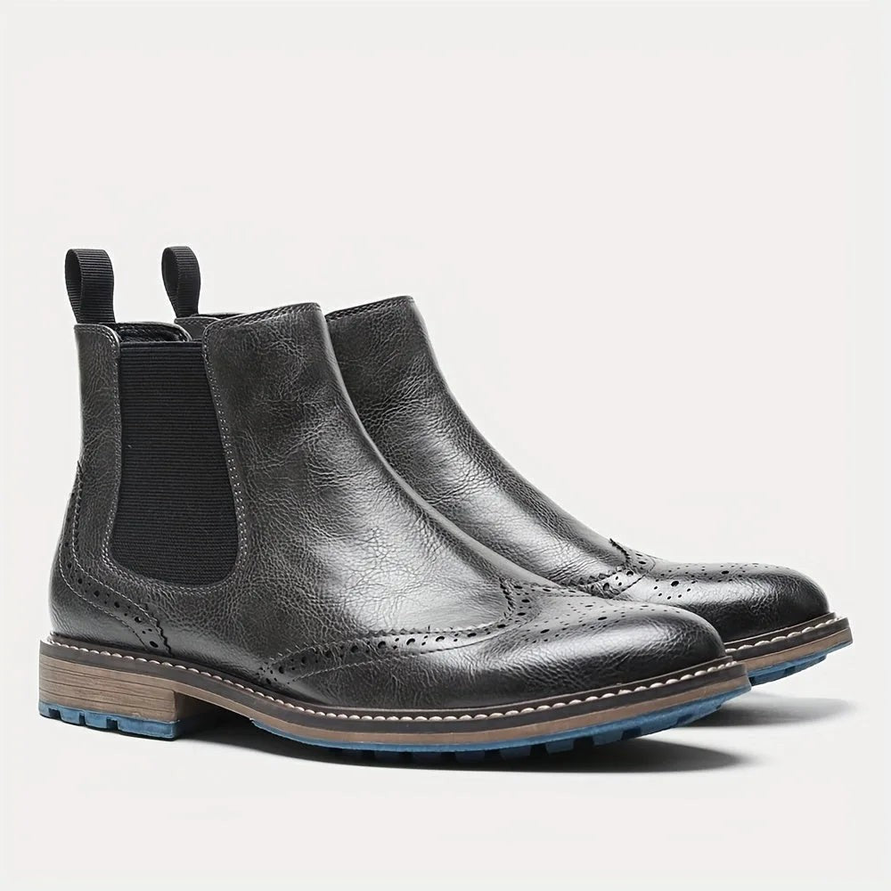 Botas Chelsea Mujer Estilo Brogue con Tacón Bajo - Gris oscuro