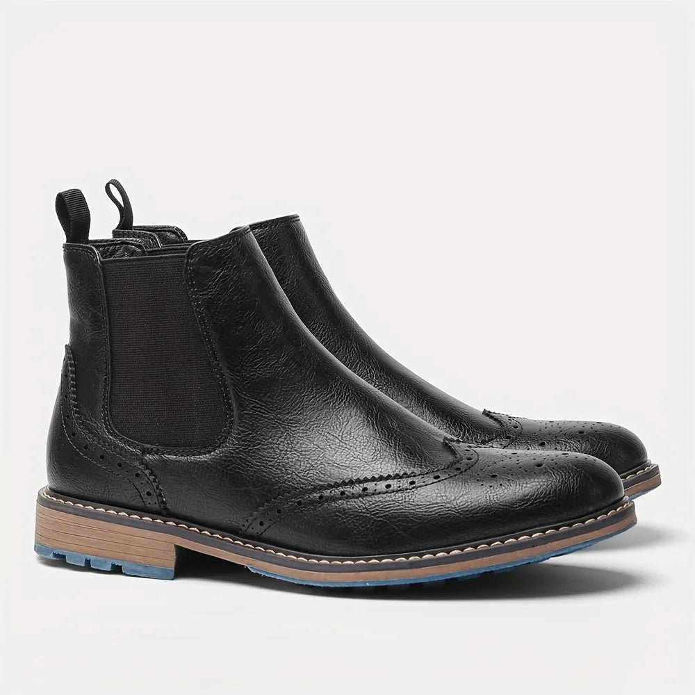 Botas Chelsea Mujer Estilo Brogue con Tacón Bajo - Negro