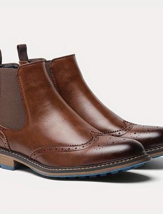Botas Chelsea Mujer Estilo Brogue con Tacón Bajo - Café