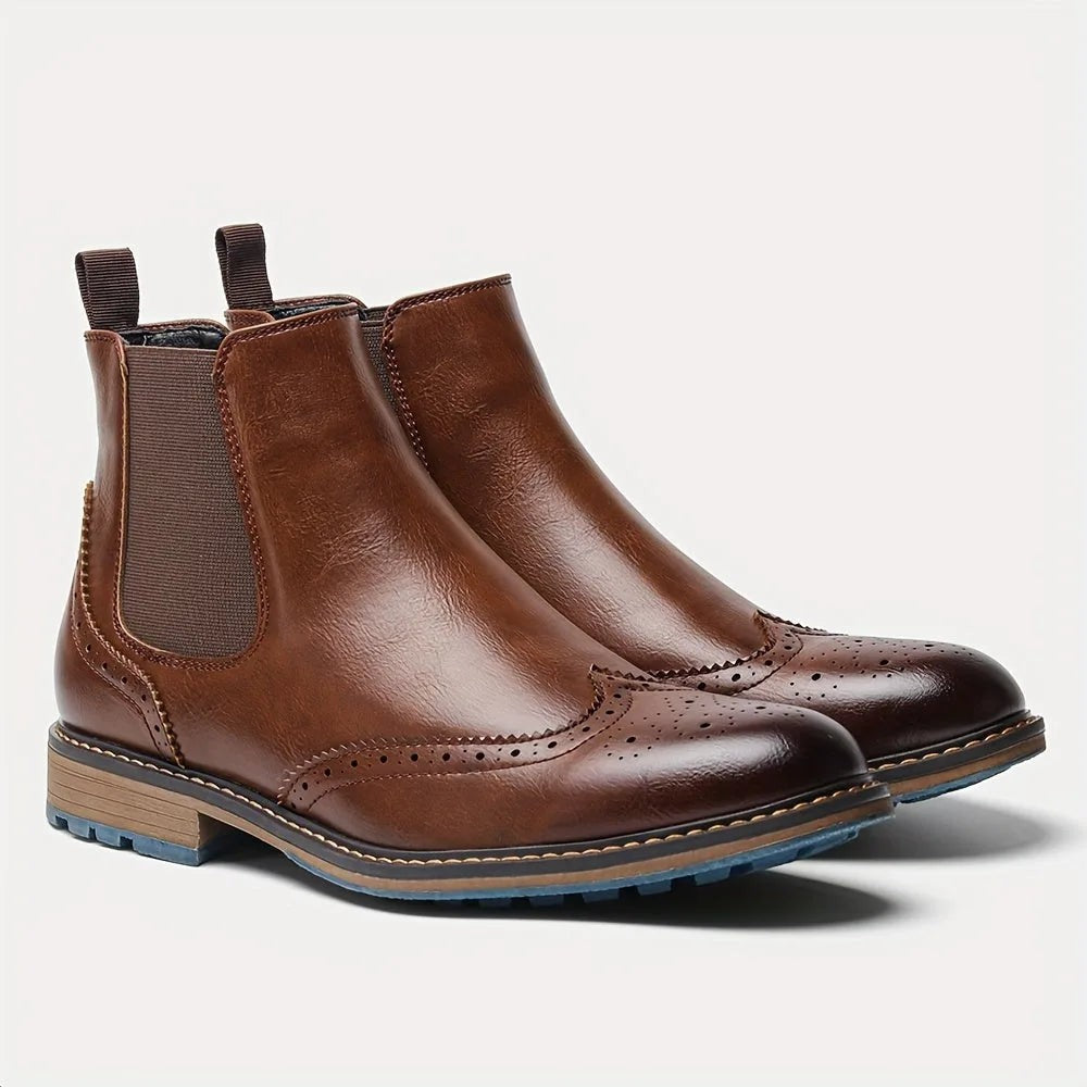 Botas Chelsea Mujer Estilo Brogue con Tacón Bajo - Café