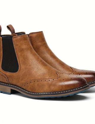 Botas Chelsea Mujer Estilo Brogue con Tacón Bajo - Café claro