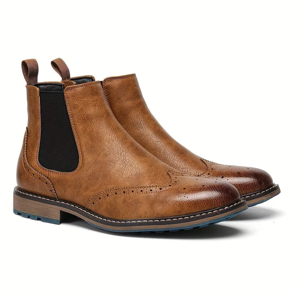 Botas Chelsea Mujer Estilo Brogue con Tacón Bajo - Café claro