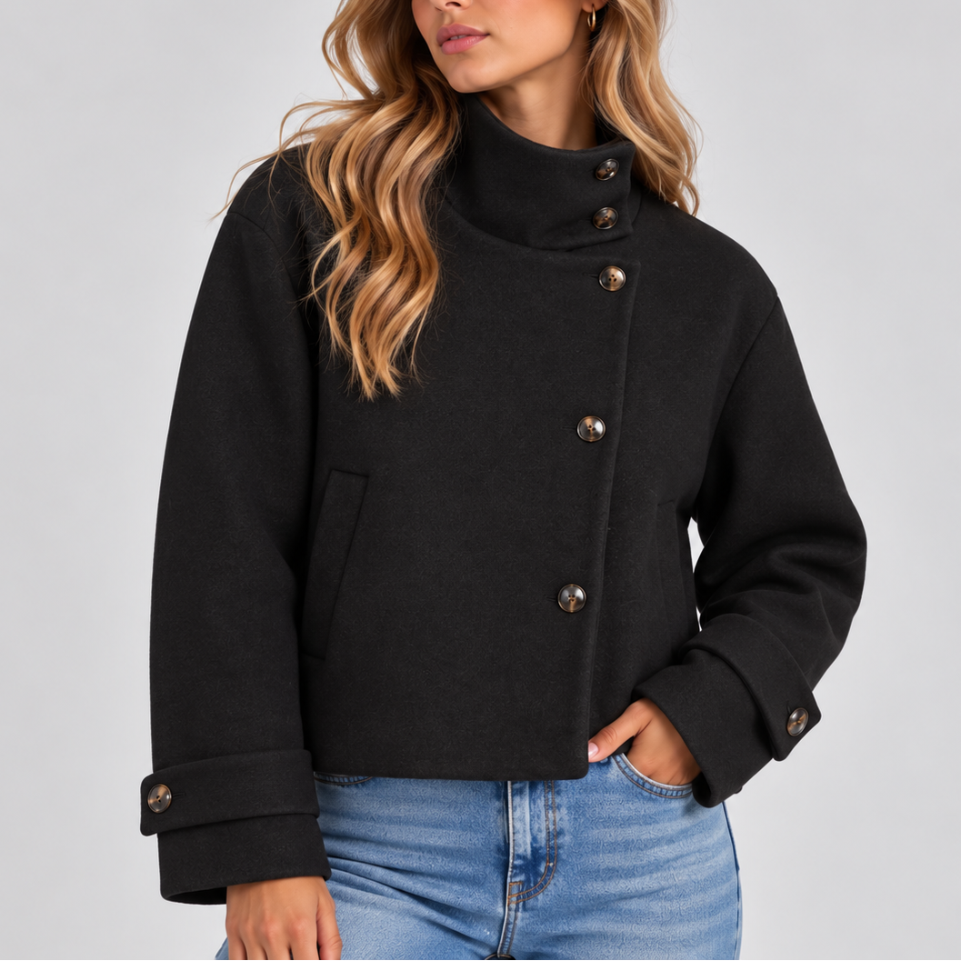 Abrigo Corto Mujer Cuello Alto con Botones - Negro