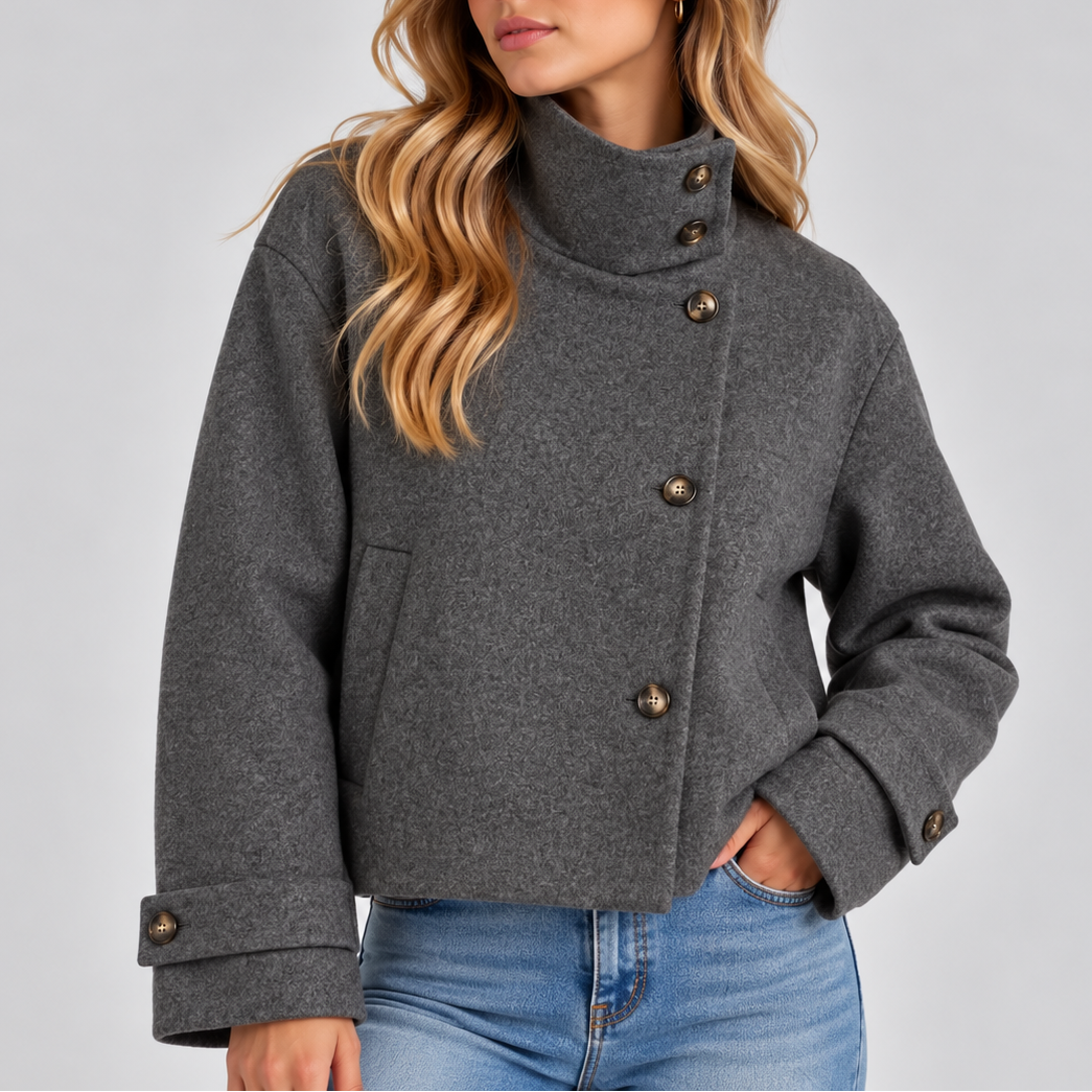 Abrigo Corto Mujer Cuello Alto con Botones - Gris