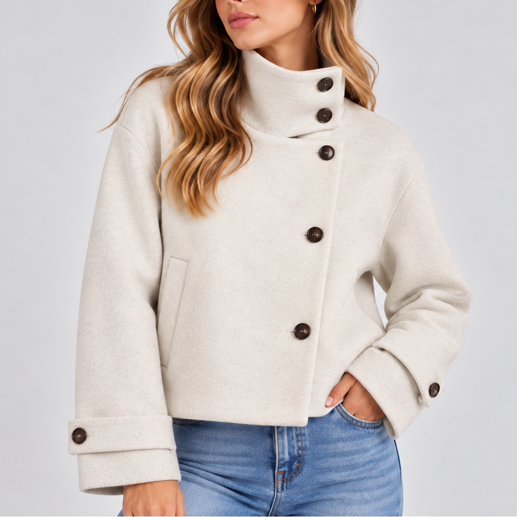 Abrigo Corto Mujer Cuello Alto con Botones - Blanco