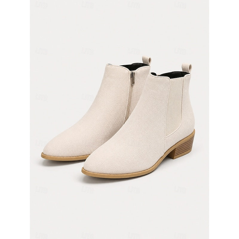 Botas Chelsea Mujer de Punta con Tacón de Bloque - Beige