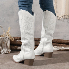 Botas Vaqueras Mujer Altas con Tacón de Bloque - Blanco