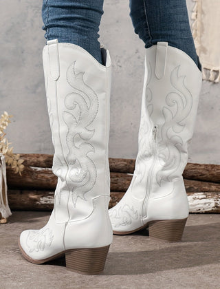 Botas Vaqueras Mujer Altas con Tacón de Bloque - Blanco