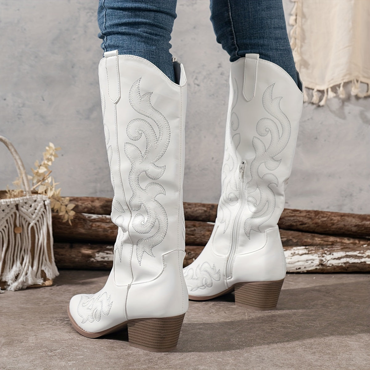 Botas Vaqueras Mujer Altas con Tacón de Bloque - Blanco