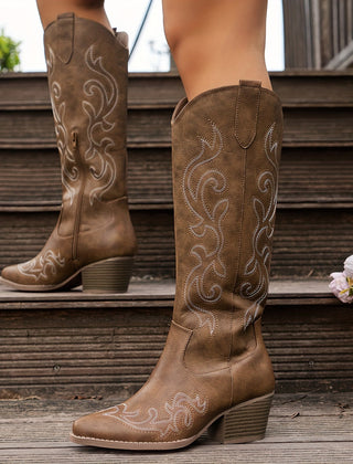 Botas Vaqueras Mujer Altas con Tacón de Bloque - Café