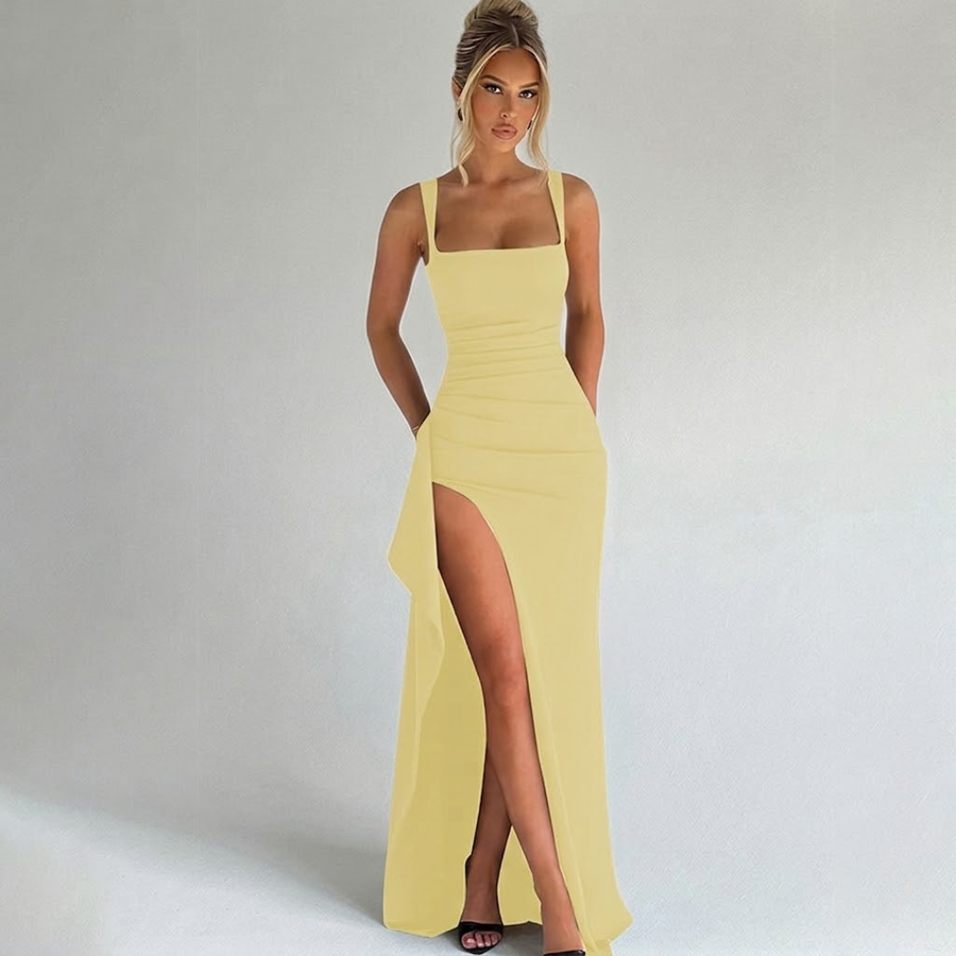 Vestido de noche elegante escote cuadrado - Amarillo