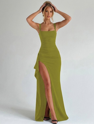 Vestido de noche elegante escote cuadrado - Verde musgo