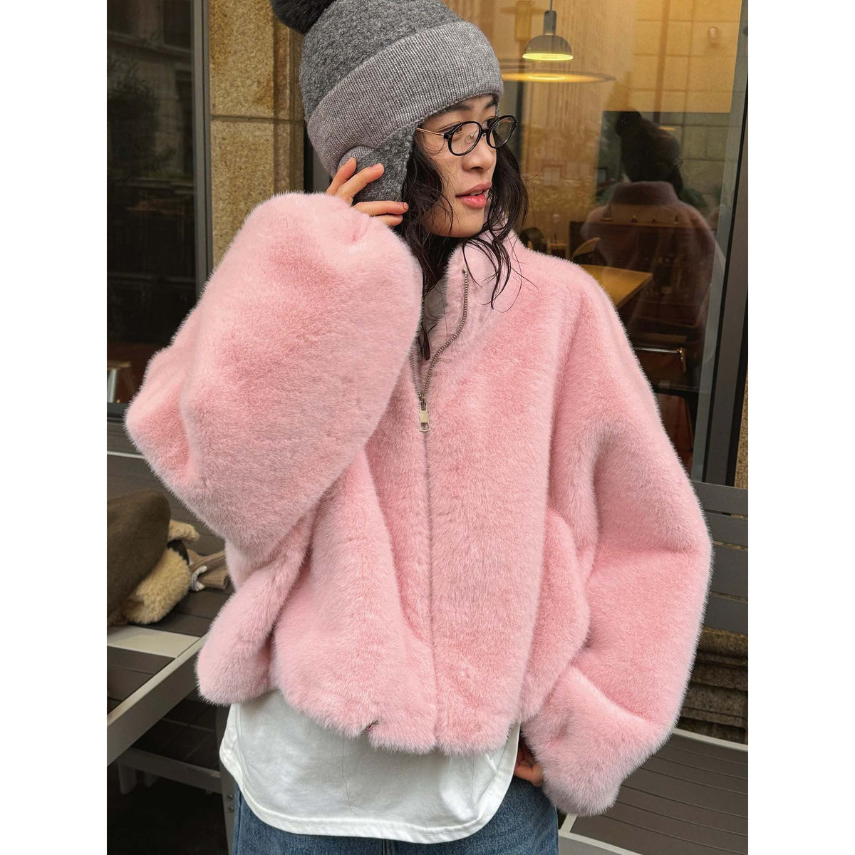 Abrigo Corto Mujer Pelo Sintético con Cierre - Rosa