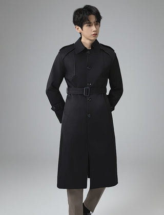 Gabardina Hombre Larga con Cinturón y Charreteras - Negro