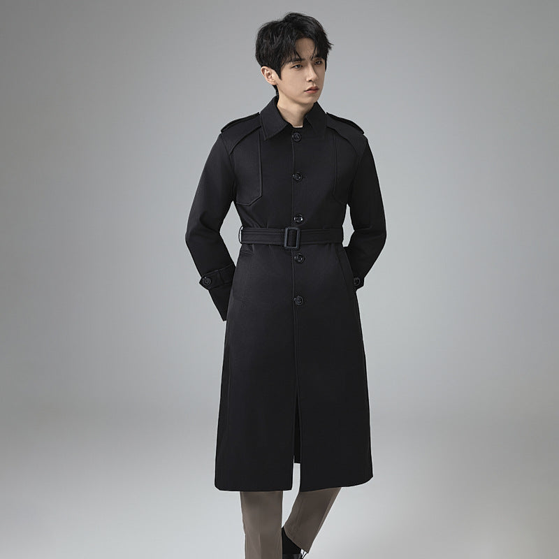 Gabardina Hombre Larga con Cinturón y Charreteras - Negro