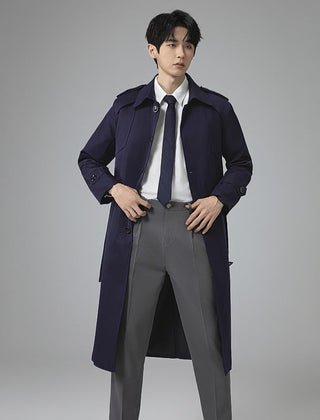 Gabardina Hombre Larga con Cinturón y Charreteras - Azul
