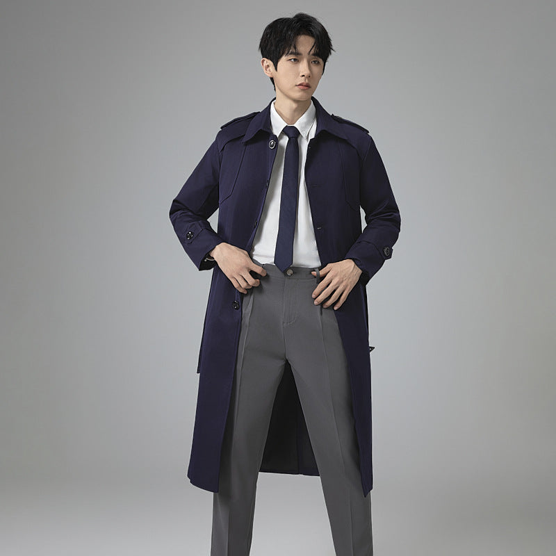 Gabardina Hombre Larga con Cinturón y Charreteras - Azul