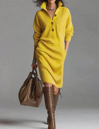 Vestido de Punto Mujer Acanalado con Cuello - Amarillo