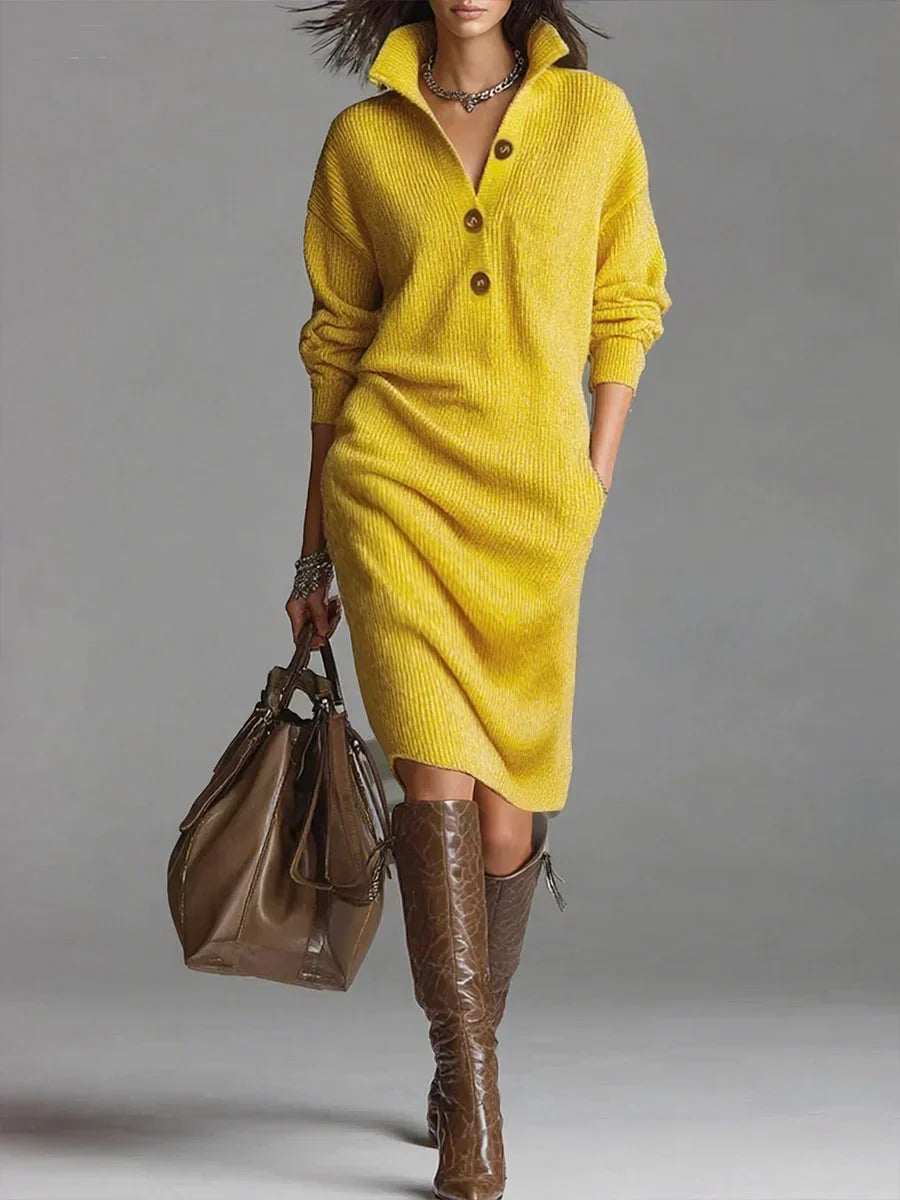 Vestido de Punto Mujer Acanalado con Cuello - Amarillo