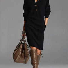 Vestido de Punto Mujer Acanalado con Cuello - Negro