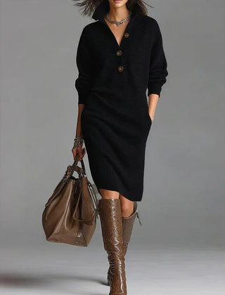 Vestido de Punto Mujer Acanalado con Cuello - Negro