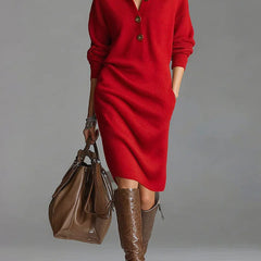 Vestido de Punto Mujer Acanalado con Cuello - Rojo