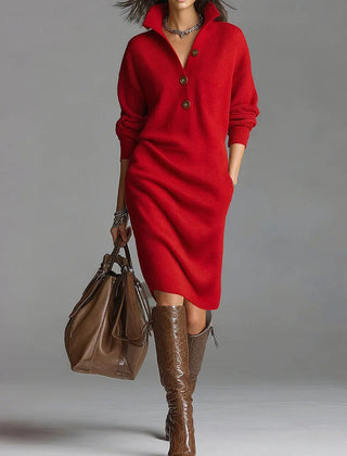 Vestido de Punto Mujer Acanalado con Cuello - Rojo