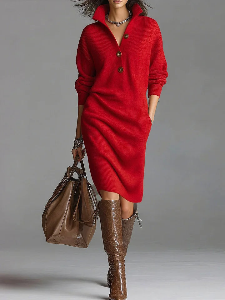 Vestido de Punto Mujer Acanalado con Cuello - Rojo