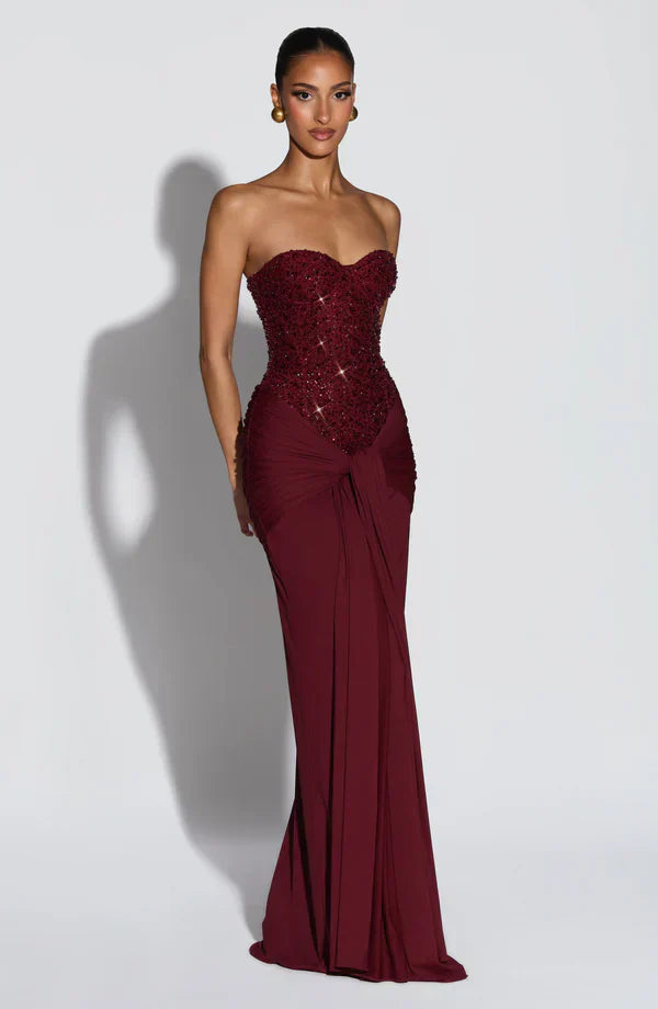 Vestido de gala corset con pedrería - Vino