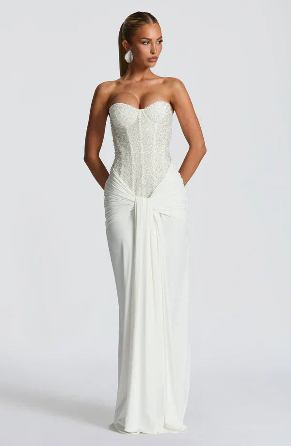 Vestido de gala corset con pedrería - Blanco