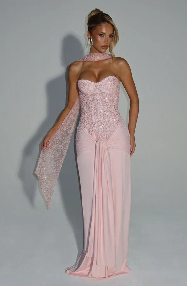 Vestido de gala corset con pedrería - Rosa