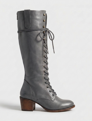 Botas de Piel Mujer con Agujetas y Cierre Lateral - Gris