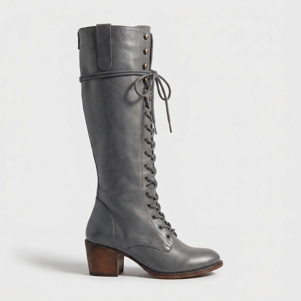 Botas de Piel Mujer con Agujetas y Cierre Lateral - Gris