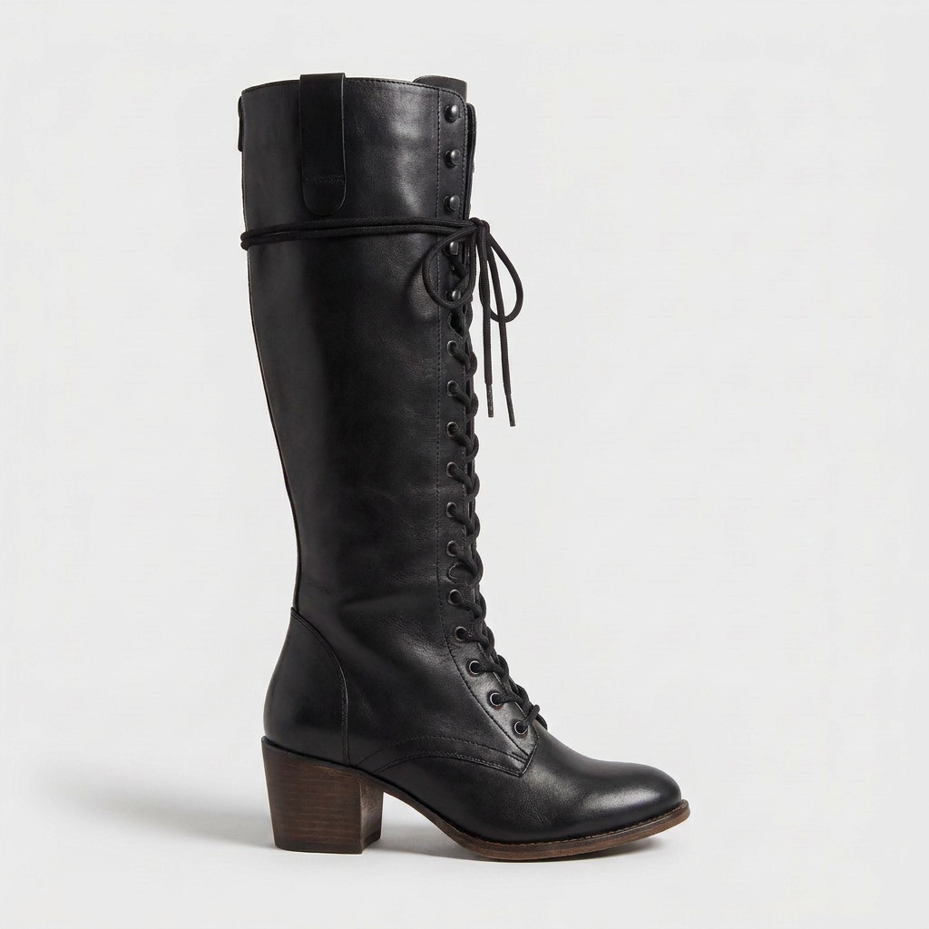 Botas de Piel Mujer con Agujetas y Cierre Lateral - Negro