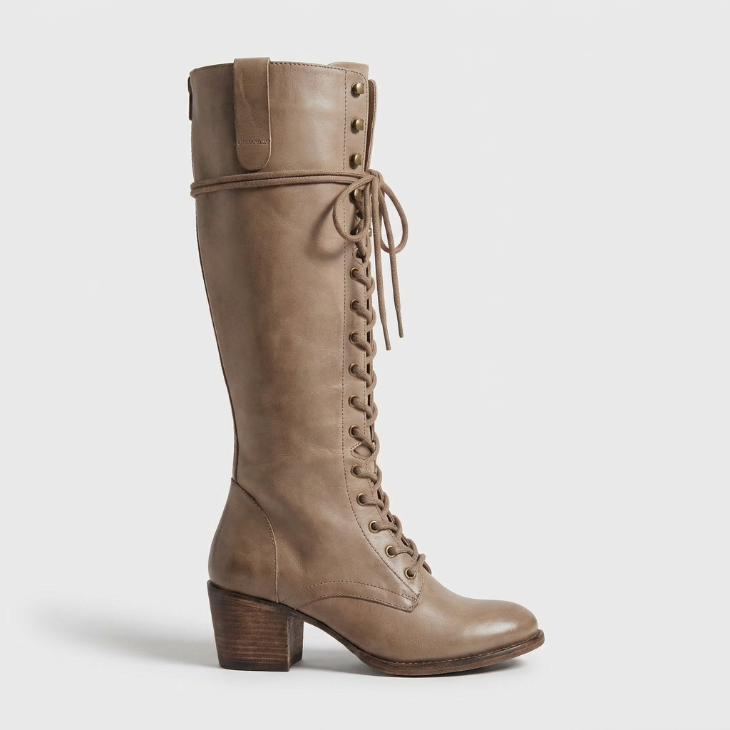 Botas de Piel Mujer con Agujetas y Cierre Lateral - Caqui