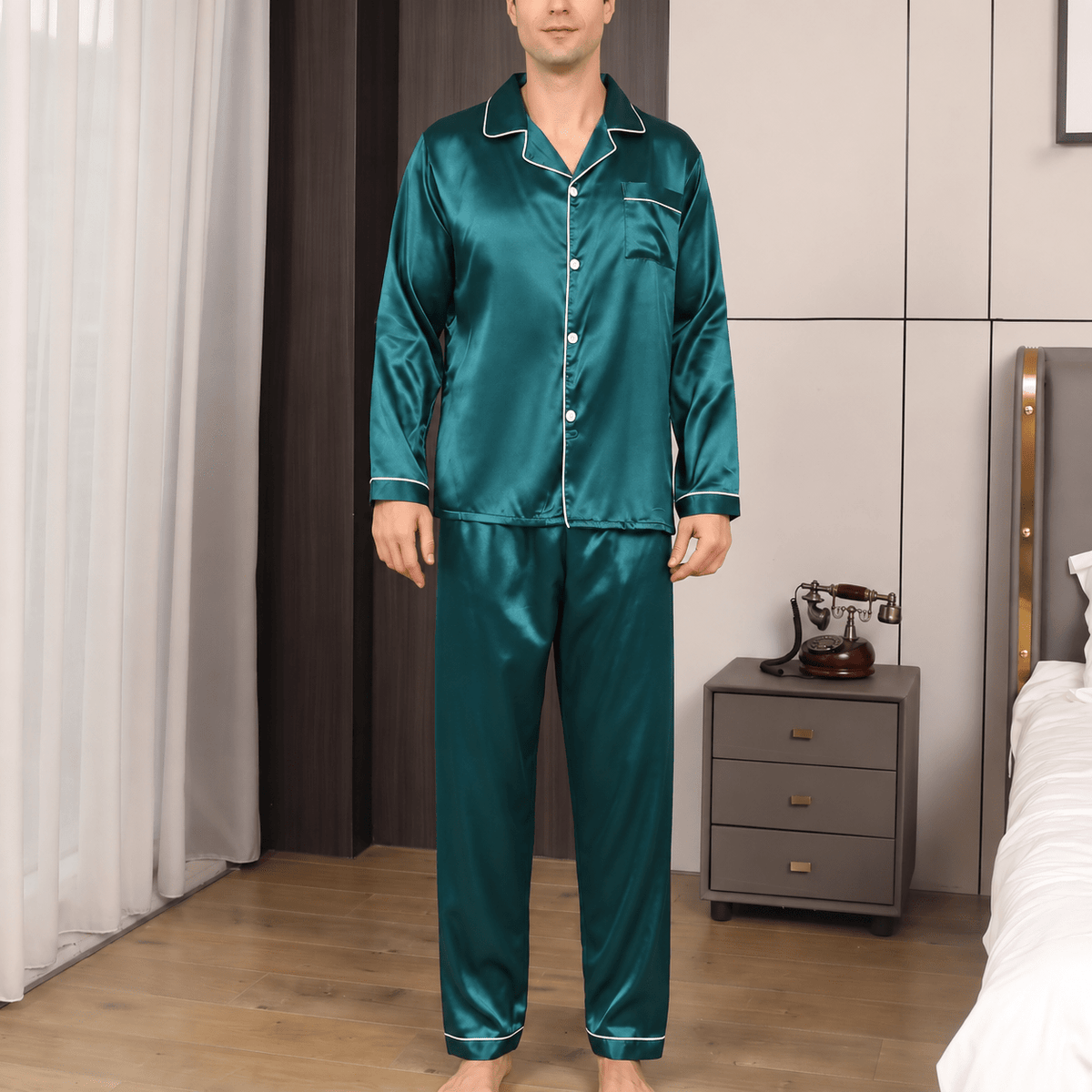 Pijama Hombre de Manga Larga con Botones y Ribete - Verde