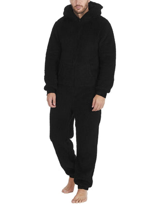 Pijama Hombre Mameluco de Peluche con Capucha - Negro