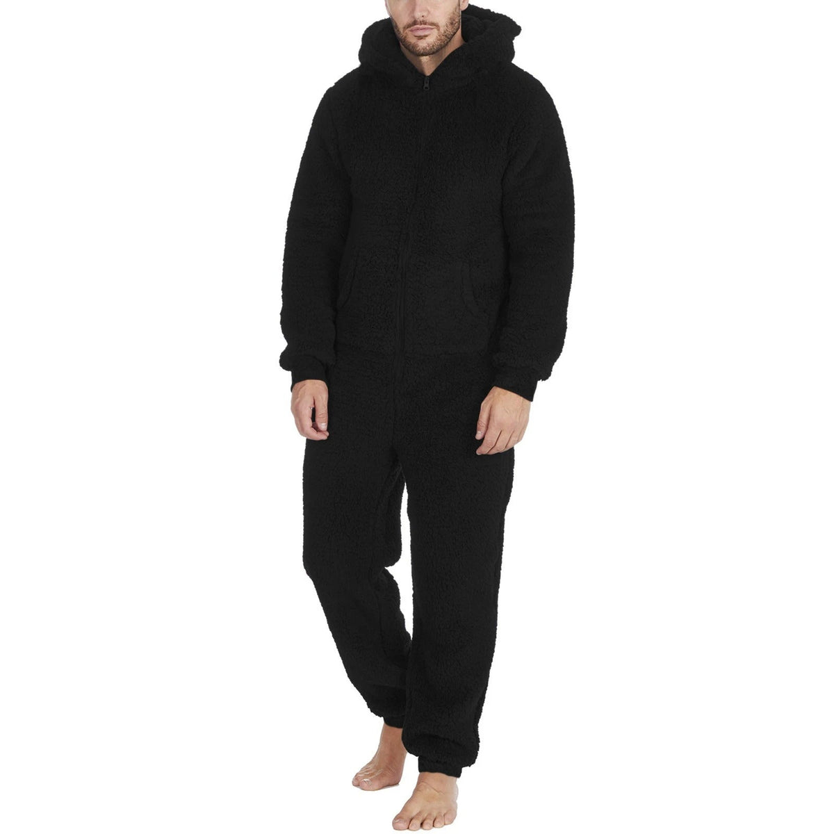 Pijama Hombre Mameluco de Peluche con Capucha - Negro