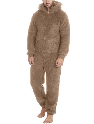 Pijama Hombre Mameluco de Peluche con Capucha - Café claro