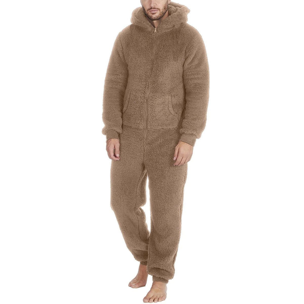 Pijama Hombre Mameluco de Peluche con Capucha - Café claro