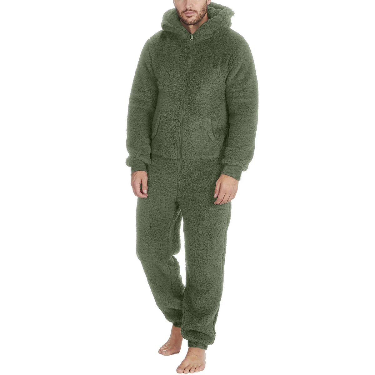 Pijama Hombre Mameluco de Peluche con Capucha - Verde militar