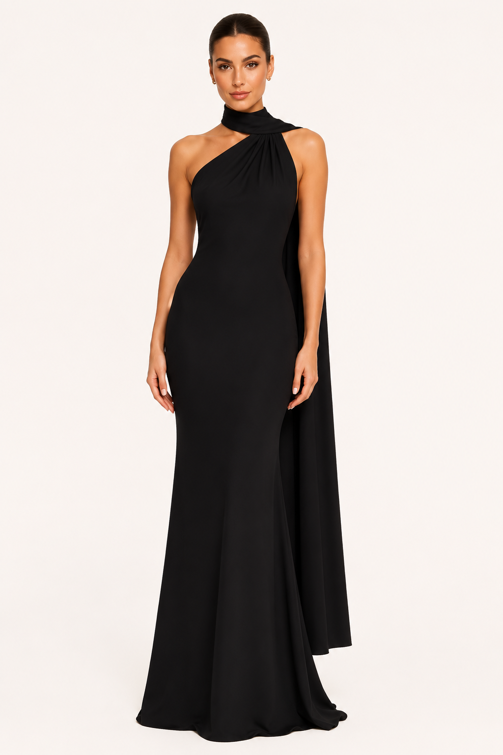 Vestido de gala halter con capa - Negro