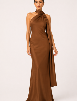 Vestido de gala halter con capa - Café