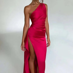 Vestido de gala satinado un hombro - Rojo