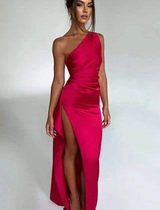 Vestido de gala satinado un hombro - Rojo