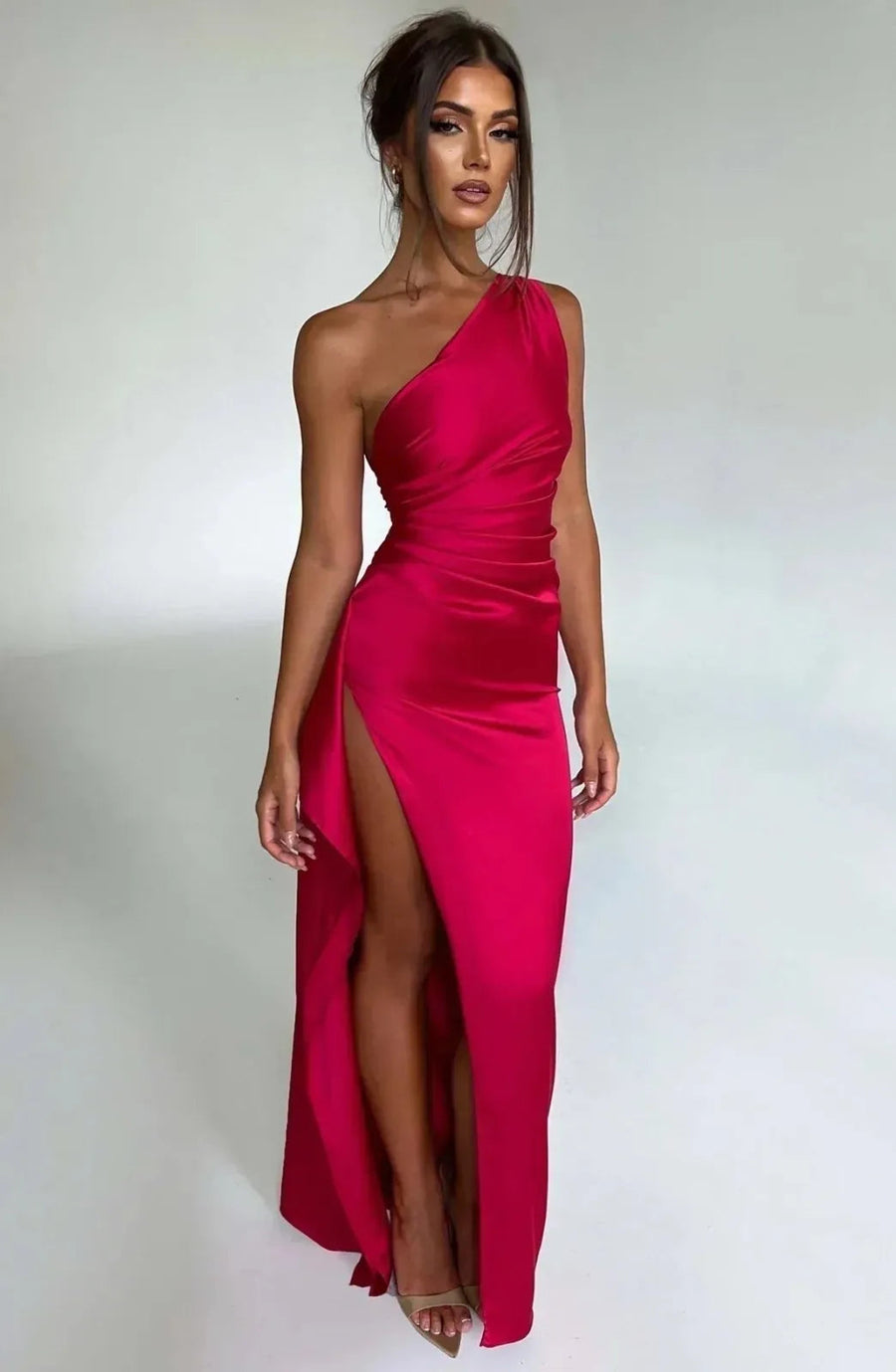 Vestido de gala satinado un hombro - Rojo