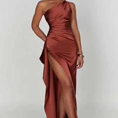 Vestido de gala satinado un hombro - Café óxido