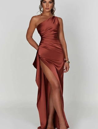 Vestido de gala satinado un hombro - Café óxido