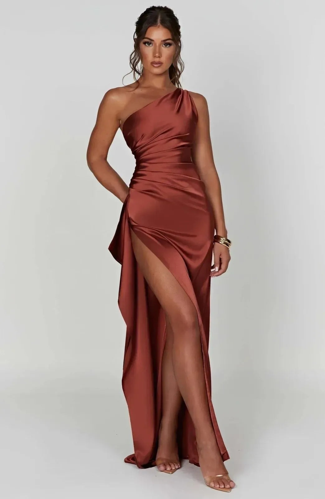 Vestido de gala satinado un hombro - Café óxido