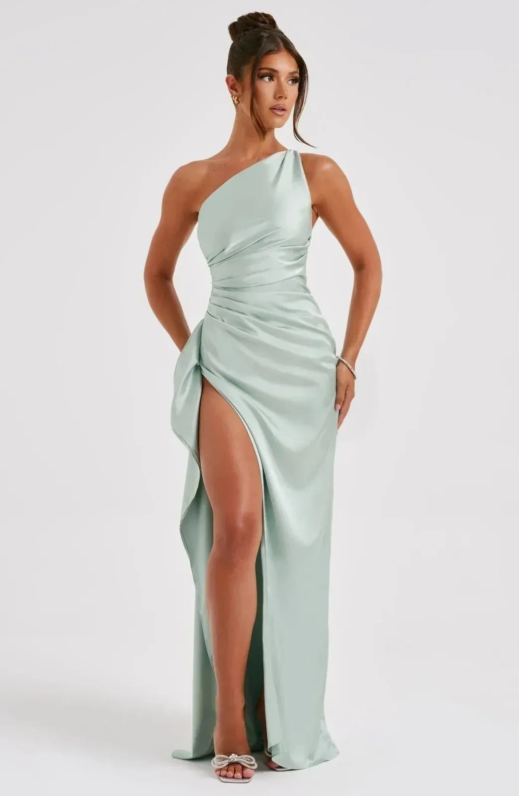 Vestido de gala satinado un hombro - Verde menta